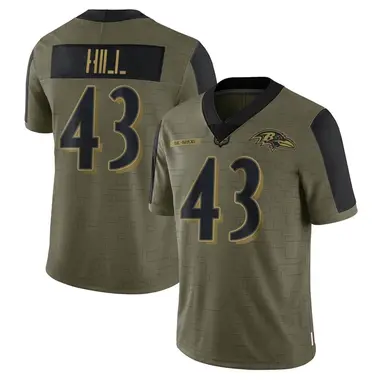 Men's Nike Baltimore Ravens Justice Hill 2021 Salute To Service Jersey - Olive Limited