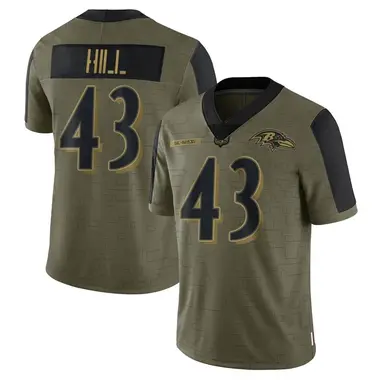 Youth Nike Baltimore Ravens Justice Hill 2021 Salute To Service Jersey - Olive Limited